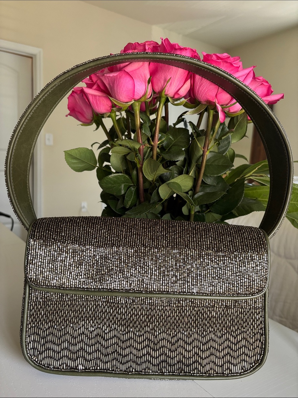 STAUD Olive Green Metallic Woven Shoulder Bag with Silver Accent